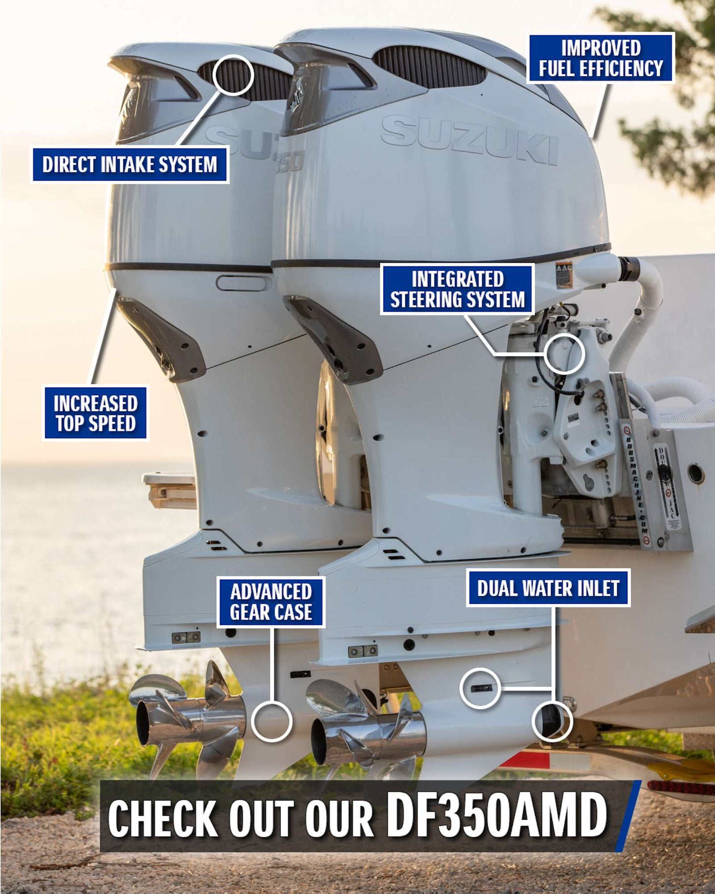 Suzuki DF350AMD outboard motor with labeled features and a scenic background.